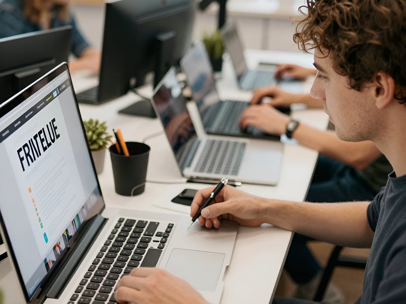 Команда копирайтеров 1-Freelance работает над совместным проектом в современном офисе с естественным освещением