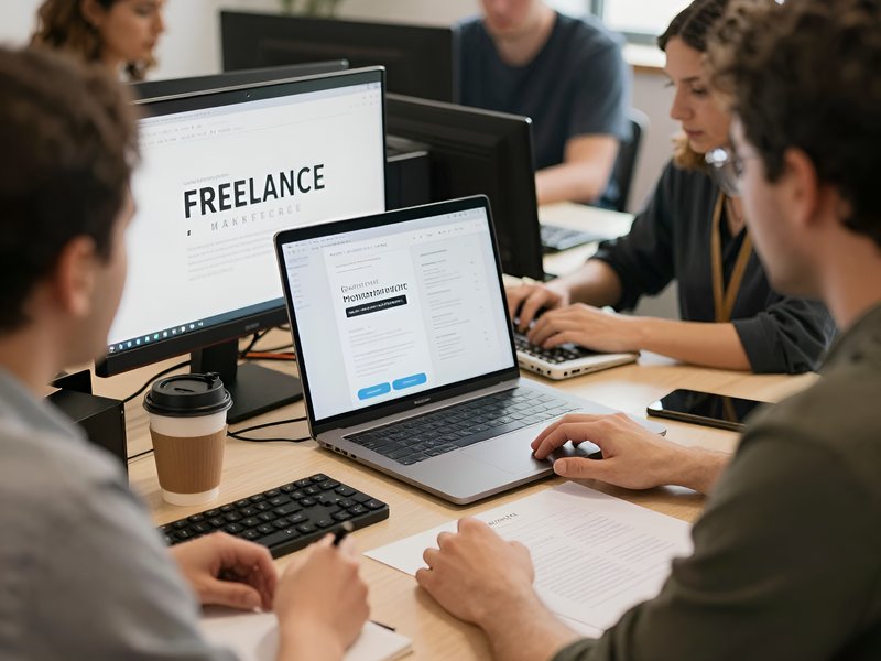 Команда копирайтеров 1-Freelance обсуждает детали проекта в современном офисе при создании контента