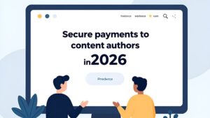 Футуристичные символы защищенных платежей для копирайтеров на бирже фриланса 1-Freelance в 2026 году